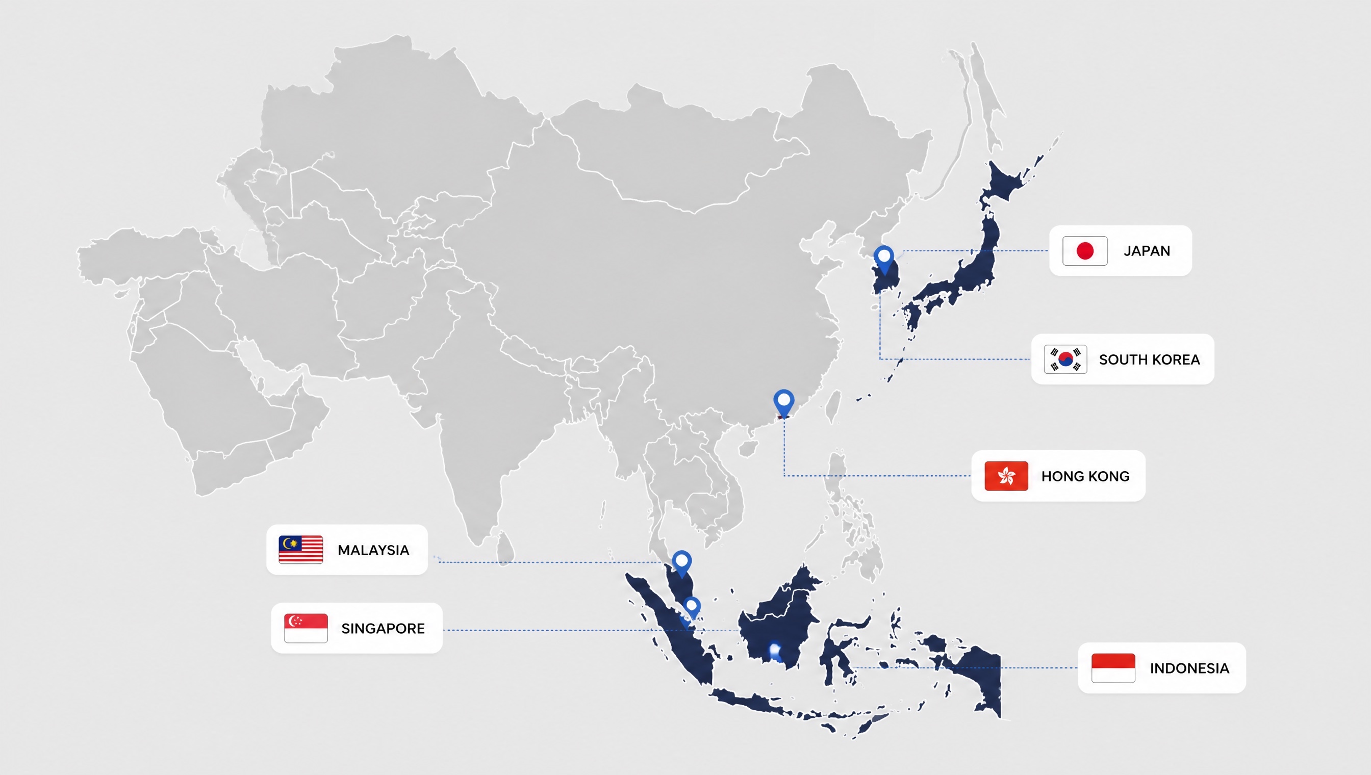 Map of Southeast and East Asia highlighting Singapore, Japan, Korea, Malaysia, Indonesia, and Hong Kong