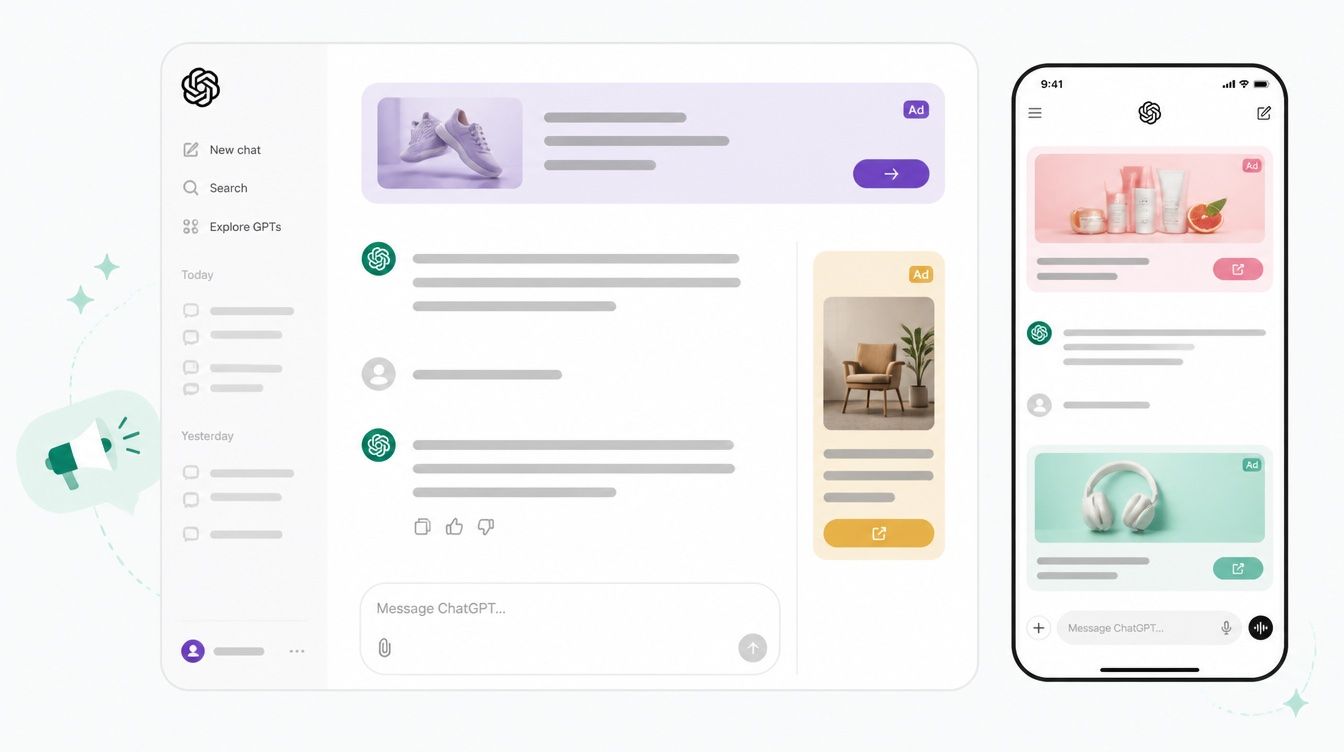 ChatGPT answer showing shopping cards and sponsored ads side by side
